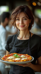 Smiling woman holding a big Italian pizza. 