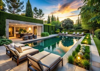 Fototapeta premium Glamorous backyard oasis featuring a serene infinity pool, lush greenery, and sleek outdoor furniture, perfect for relaxation and entertainment under the sun.
