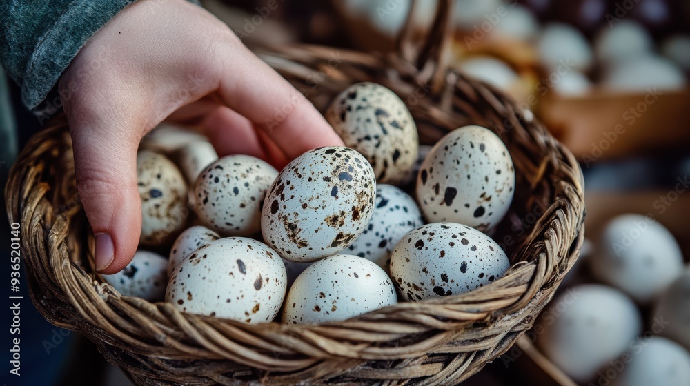 Wall mural the hand holding quail eggs