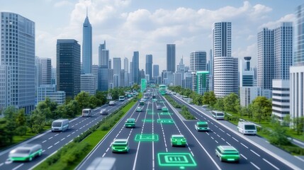 A futuristic urban landscape with automated vehicles, smart buildings, and green spaces, promoting sustainable living, urban development, technological innovation, sustainability