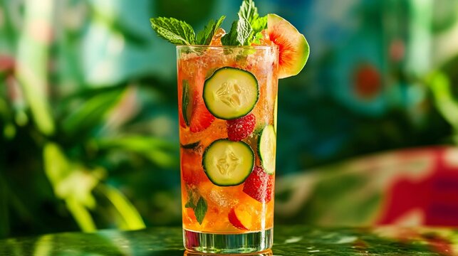 A vibrant Pimm&rsquo;s Cup with fresh fruit and cucumber slices, set against a lively, garden-themed backdrop