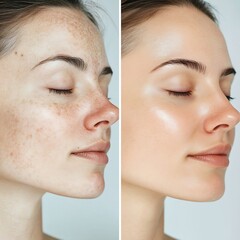 Obraz premium Girl's face before and after deep facial cleansing procedure. Acne, skincare and cosmetic treatment concept. Close-up collage portrait for poster, commercial, presentation