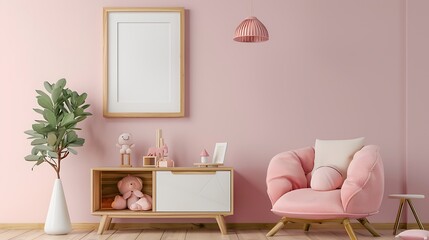 Kids' room mockup with natural wood furniture and a blank frame on the wall