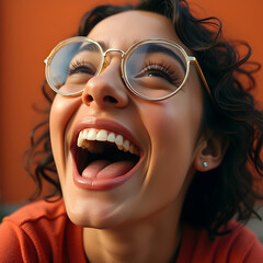 Portrait of a woman with curly hair and glasses laughing joyfully, head slightly tilted back.