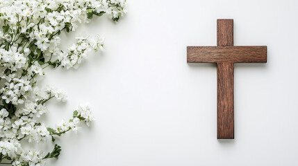 wooden cross on white background with white flowers 