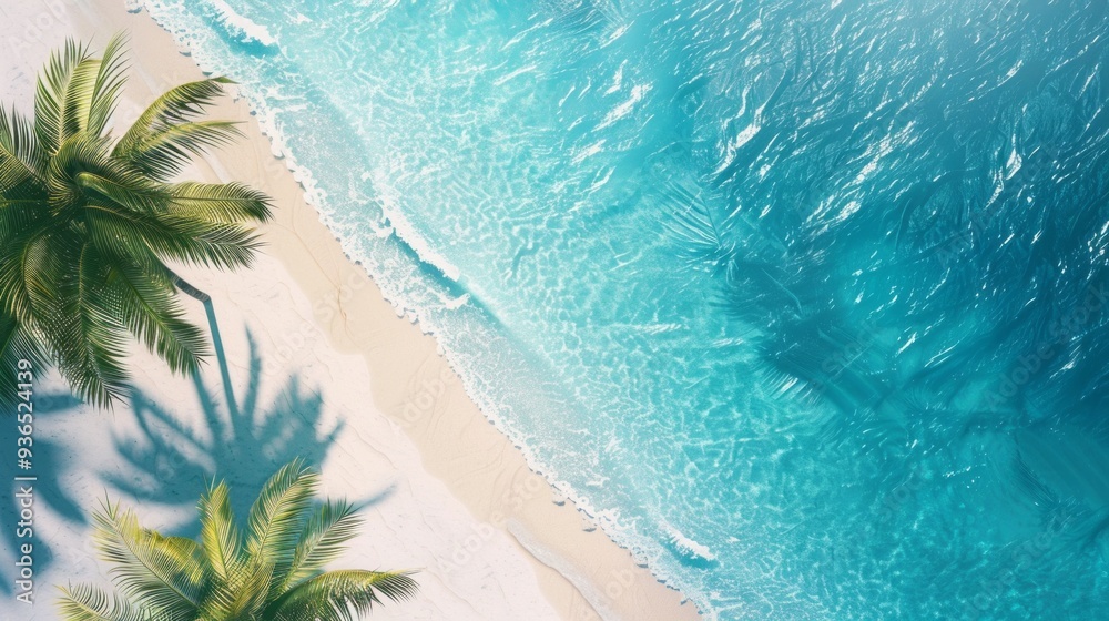Poster golden sands stretch towards the inviting turquoise waves, where gentle ripples caress the shore whi