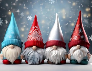 funny Christmas elves and gnomes with different colored pointed hats and long beards, Christmas card with elves and gnomes and snowflakes