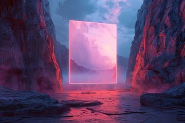A surreal landscape featuring a glowing, pink portal against a dramatic canyon backdrop with mist and vibrant lighting, suitable for science fiction, fantasy themes, or futuristic design concepts,