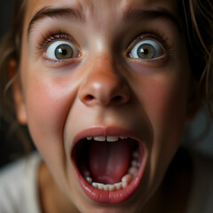 Close-up of a young girl with an expression of shock, wide eyes, and mouth open in surprise.