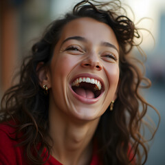 Young woman with curly hair, smiling brightly, joyful and happy expression, natural and candid moment.
