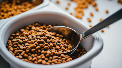 white container filled with dry dog ​​or cat food, silver spoon scoops up the food