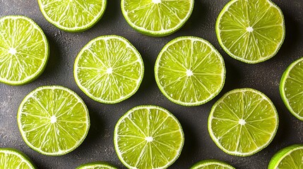 Fototapeta premium A cluster of limes positioned on a countertop, halved and sliced respectively