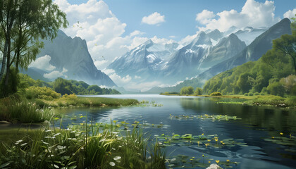 A vibrant and lush landscape featuring a meandering river cutting through a dense tropical rainforest. Towering trees with broad leaves form a thick canopy.