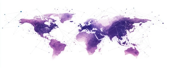 Fototapeta premium A world map made of dots and lines, the connecting points forming an arrow shape pointing to multiple continents, with a purple color on a white background Generative AI
