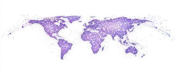 Obraz premium A world map made of dots and lines, the connecting points forming an arrow shape pointing to multiple continents, with a purple color on a white background Generative AI