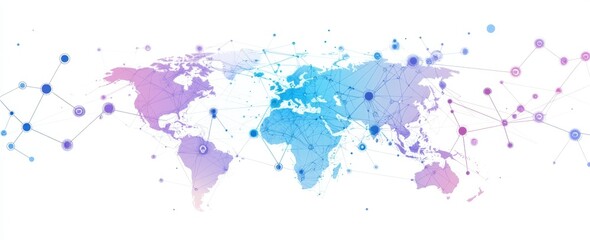Fototapeta premium A simple line drawing of the world map with blue and purple dots connecting different points, representing global connections, on a white background Generative AI