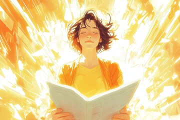 Radiant joy of reading: woman immersed in a magical book experience