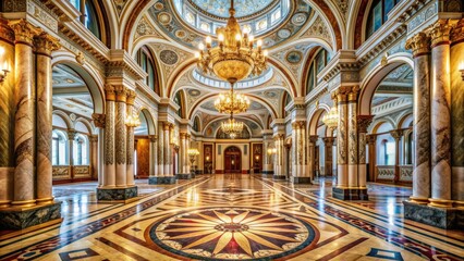 Fototapeta premium Grandiose marble floor with intricate inlays and ornate patterns, surrounded by majestic arches and columns, evoking opulence and regal splendor in a luxurious palace setting.