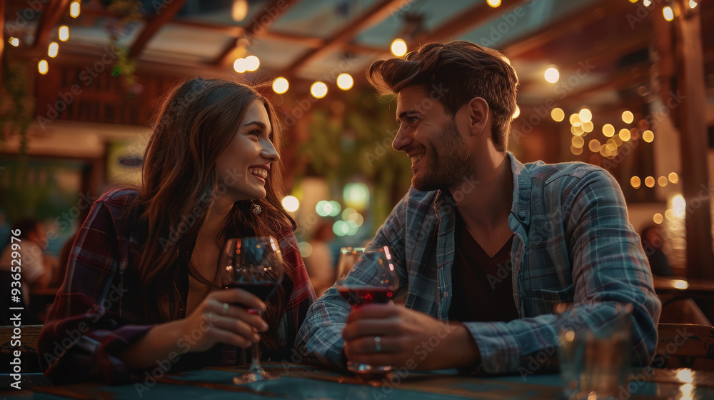 Wall mural a couple enjoying a romantic dinner with wine, exchanging loving glances. perfect for advertising ro