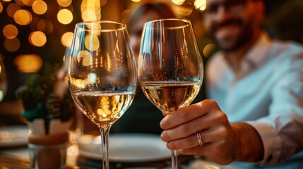A couple enjoying a romantic dinner with wine, exchanging loving glances. Perfect for advertising romantic dinners and intimate moments.