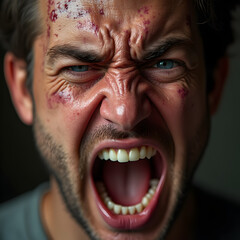 Man with a scruffy beard, face contorted in an expression of anger or pain, dark and gritty atmosphere.