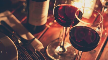Two glasses of red wine in a warm, intimate setting, perfect for a cozy, romantic evening.