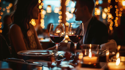 Elegant couple sharing a kiss at a candlelit dinner with wine glasses on a luxurious evening. Soft lighting and romantic ambiance make it perfect for date night and celebration themes.