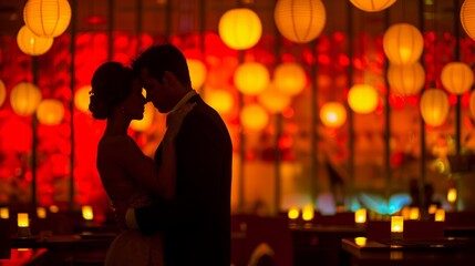 A couple dancing closely in a warmly lit, elegant restaurant, creating a romantic and intimate atmosphere.