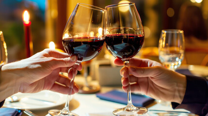 Close-up of two people toasting with glasses of red wine at a candlelit dinner, highlighting a romantic and warm atmosphere.