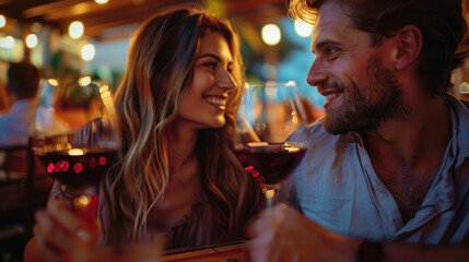 Romantic couple enjoying a candlelit dinner with red wine on a cozy evening. Warm, intimate atmosphere with soft lighting. Perfect for Valentine's Day, date night themes.