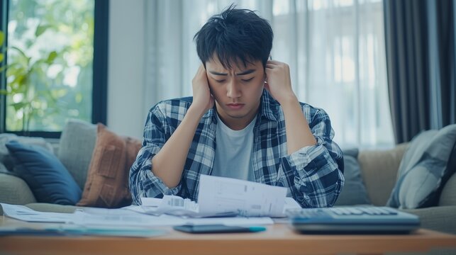 Young man struggles with financial stress while reviewing bills at home in a modern living room