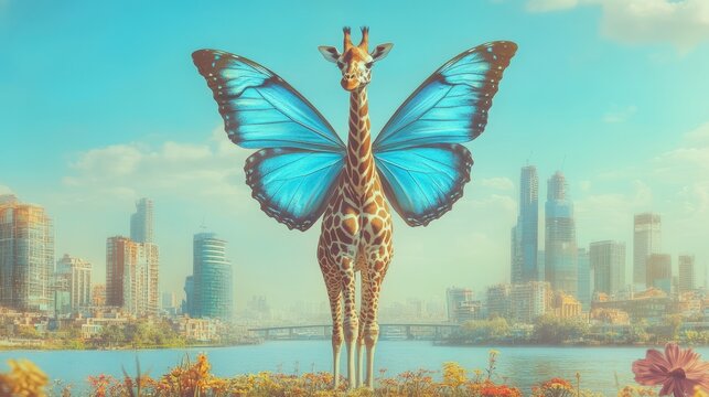Surreal giraffe with butterfly wings against urban cityscape at sunrise