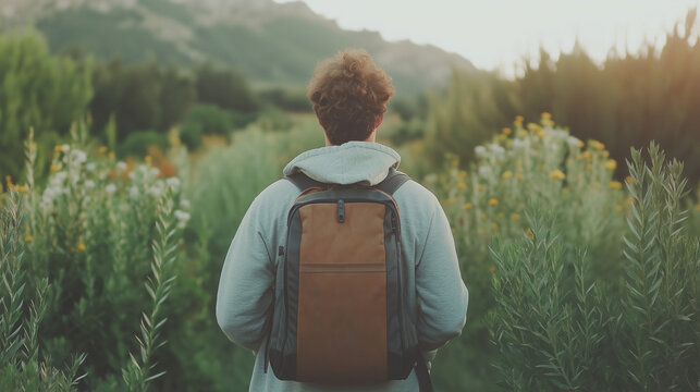 Hiker in nature landscape | Man with backpack exploring lush greenery and mountain views | Outdoor adventure, hiking, and travel inspiration in natural setting

