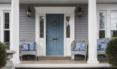 A blue front door with white trim welcomes guests to a home with a gray exterior and white columns