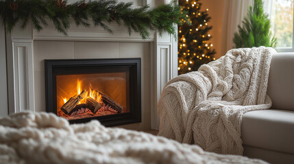 Cozy living room with fireplace and garland | Christmas-themed interior with knitted blankets and warm fire | Festive home decor for winter | Holiday season atmosphere