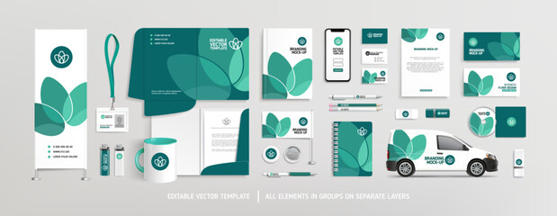 Brand Identity concept of stationery Mock-Up set with abstract floral graphics. Corporate style on vector stationery mockup template of Magazine cover, File folder, annual report, van, AD banner