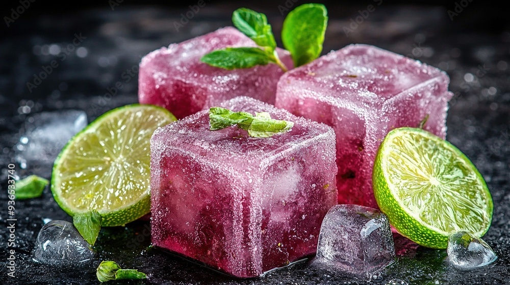 Wall mural   Three ice cubes with limes and mints on a black surface with lime and mint ice cubes