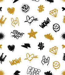Background of Street Art tags and Rock grunge icons - editable vector seamless pattern 