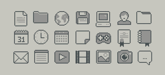 PC icons set in 90s pixel art style. Retro pixel video game style office and organizer App icons set, gamepad, browser, Search, PC window, media player. Pixel office Memo icons Editable pixel vector