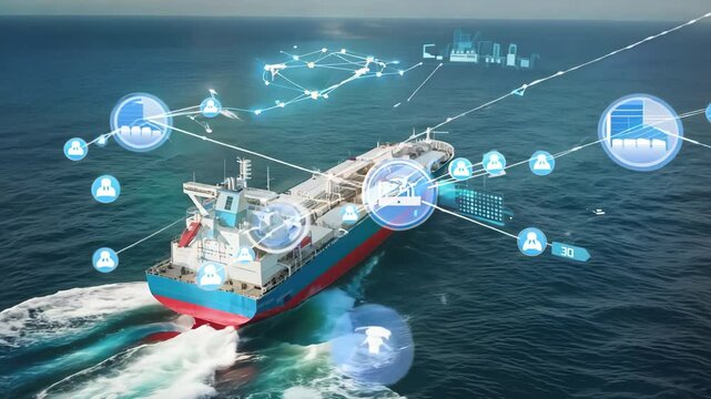 A modern cargo ship navigating through the ocean, equipped with digital technology and connectivity for efficient transport.