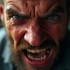 Aggressive man with a beard, red lighting on his face, roaring or shouting in anger, intense and powerful emotion