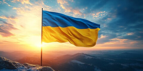 Ukrainian flag waving in the wind, close-up of fabric and colors