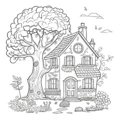 Obraz premium COLORING DRAWING OF A HOUSE WITH TREES 2