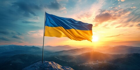 Ukrainian flag waving in the wind, close-up of fabric and colors