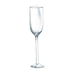 An empty champagne glass. A hand-drawn watercolor illustration. Isolate it. Glassware for alcoholic beverages. An element of the design of cards. For banners and posters. For restaurant menus.