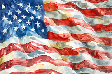 A vibrant watercolor illustration of the American flag featuring bold red and blue colors and flowing stripes, embodying a sense of patriotism.