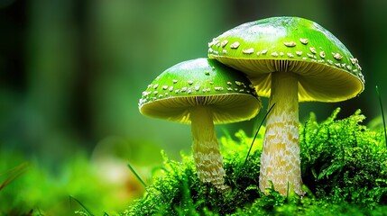   A pair of green mushrooms rest atop a moss-covered forest, speckled with countless tiny white dots