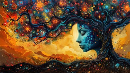 tree of life and woman, illustration, abstract art, design scene, wallpaper, abstract background