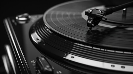 A stylish vinyl record player close up with a needle on a vinyl