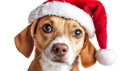 dog wearing santa hat isolated, png cutout